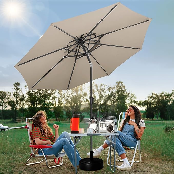 FLAME&SHADE 2 Tiers 9ft Solar Light Patio Umbrella, 40 LED lights outdoor umbrella with Centre Surround Light, Table Market Umbrella for Deck, Pool, Porch, Backyard, Garden (Taupe)