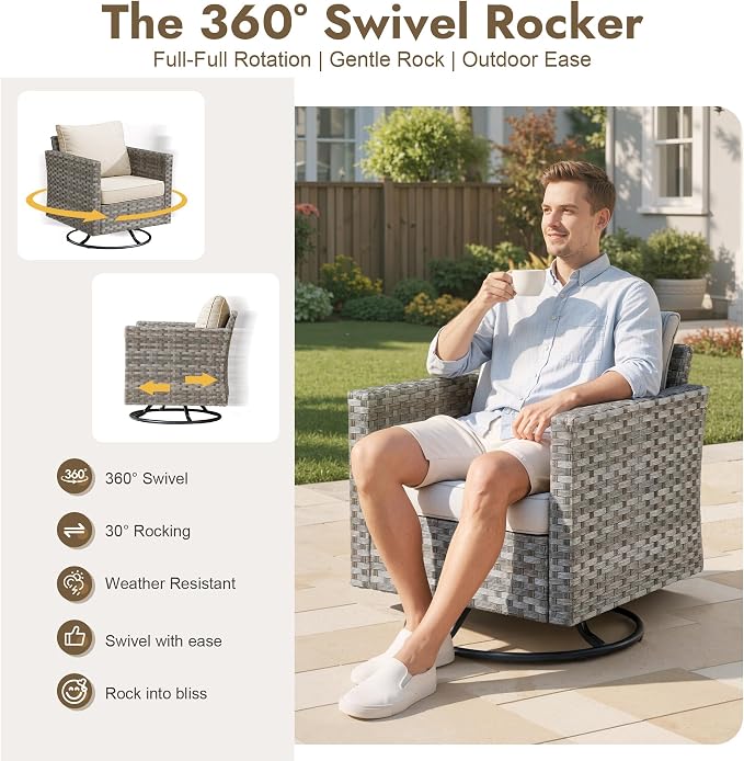 10 Pieces Outdoor Patio Sectional, Wicker Patio Furniture Set with 42 inch Fire Pit Table, All-Weather L Shaped Patio Conversation Set with Swivel Chairs, for Backyard Porch Yard,Beige
