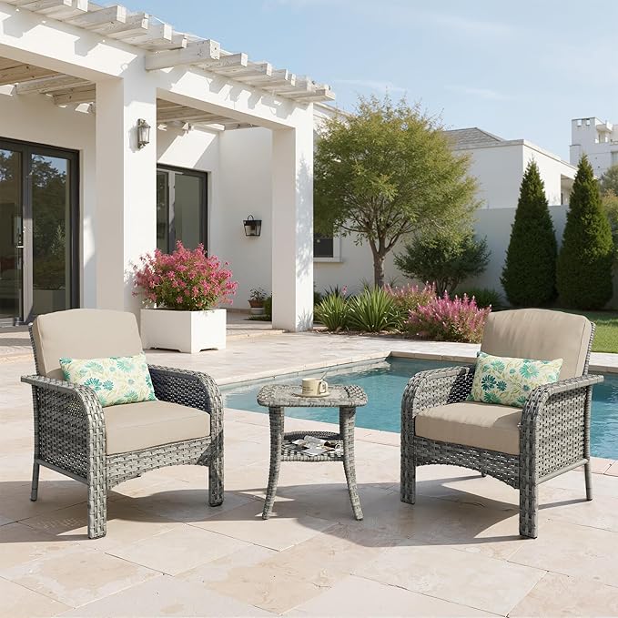 3 PCS Outdoor Patio Furniture Set with Side Table, All-Weather Rattan Wicker Outdoor Conversation Set with Thickened Cushions for Balcony Backyard Garden Lawn,Beige