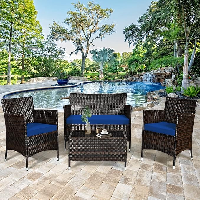 4 Pieces Patio Sofa Set, Wicker Conversation Set with Ergonomic Curved Backrest, Rattan Furniture Set with Water-Resistant Cushion & Tempered Glass Table for Balcony, Porch (Navy Blue)