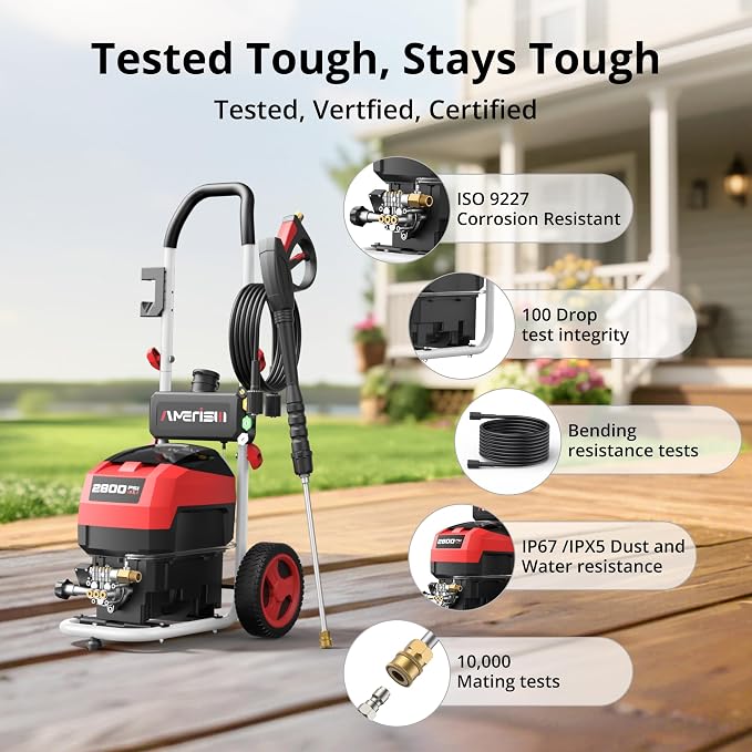 AMERISUN 2800 PSI Pressure Washer, 2.0 GPM Electric Power Washer with Foam Tank, 5 Quick-Connect Nozzles & 8" Wheels, Portable High-Pressure Cleaner for Car, Deck, Fence & Outdoor Use