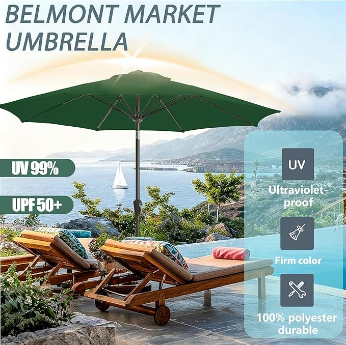 9FT Outdoor Patio Umbrella Outdoor pool Umbrella with Push Button Tilt and Crank, Market Umbrella 8 Sturdy Ribs UV Protection for Garden, Deck, Backyard (Green)