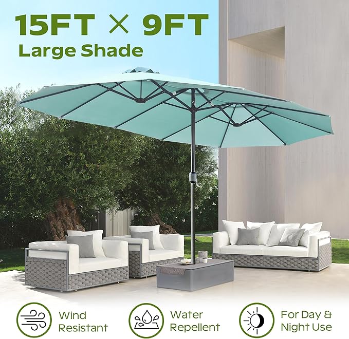 15ft Umbrella Outdoor Patio - Double-Sided Large Market Rectangle Umbrellas with Crank Handle for Patio Garden Yard Pool (No Base)