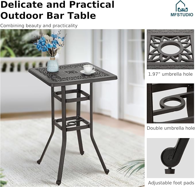 MFSTUDIO 27.5” Square Cast Aluminum Bar Height Patio Table, 42” Outdoor Bar Table with 1.75” Umbrella Hole for Bistro,Backyard,Brown