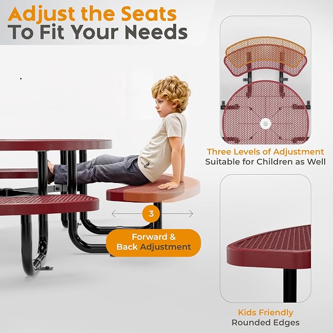 Round Metal Picnic Tables for Kids for Outdoors with Umbrella Hole, Adjustable Seats for School, Park, Playground (Red, 38 in, Kids, Expanded Steel)
