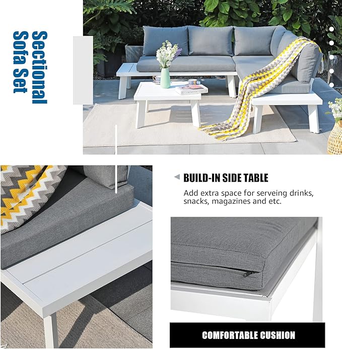 Soleil Jardin 4-Piece Outdoor Patio Furniture Set L-Shaped Aluminum Sectional Sofa with Coffee Table All-Weather Patio Conversation Set with Cushions, White