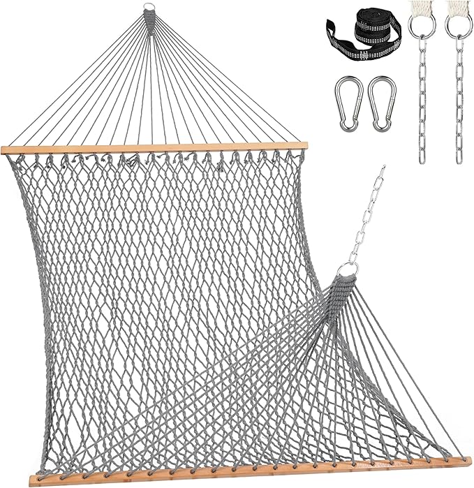 Lazy Daze Hammocks 12FT Double Rope Hammocks, 2 Person Hand Woven Cotton Hammock with Spreader Bar, Carabiner, Tree Strap, Chain for Outside, FIT 13-15 FT Stand, Max 450 Lbs, Light Grey