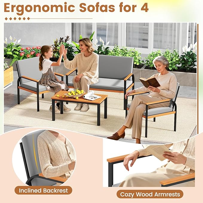 Tangkula 4 Pieces Patio Furniture Set, Outdoor Conversation Set with Acacia Wood Coffee Table, Cushioned Loveseat & 2 Single Armrest Chairs, for Porch, Garden, Backyard, Poolside
