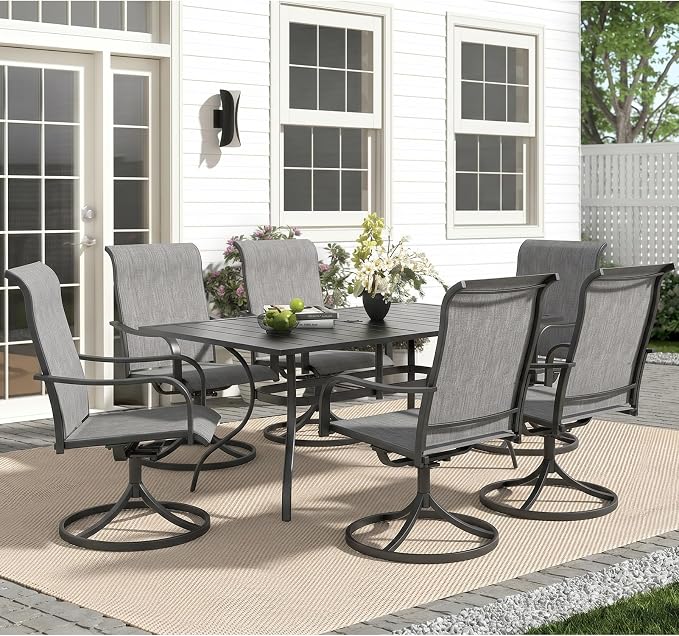Anmutig 7-Piece Outdoor Dining Set, 63"x38" Patio Table with Dual Umbrella Holes & 6 Swivel Textilene Chairs, Weather-Resistant Furniture for Backyard, Deck, Garden, Grey