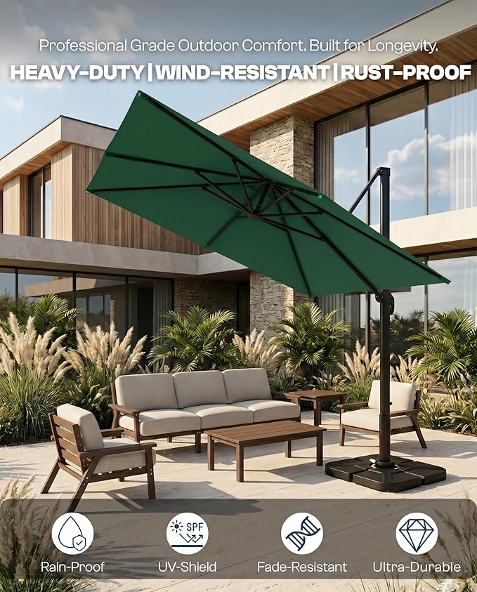 8x8 FT Square Cantilever Umbrella,Easy Tilt, Fade Resistant & 360° Rotation, Offset for Pool Deck Backyard Patiodark green (Base not Included)