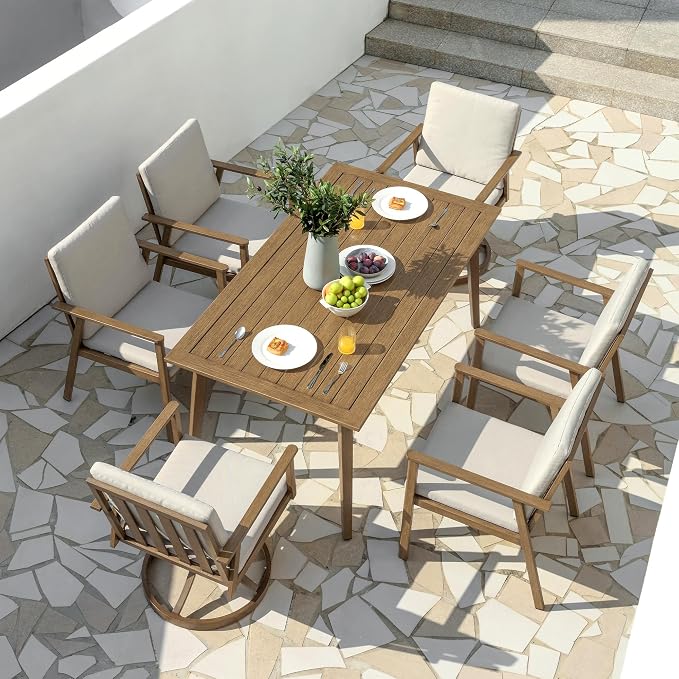 7 Pieces Patio Dining Set for 6, Aluminum Outdoor Dining Table Sets with Umbrella Hole, Modern Outdoor Furniture Set with 2 Swivel Chairs, 4 Dining Chairs and Table for Backyard Poolside,Teak