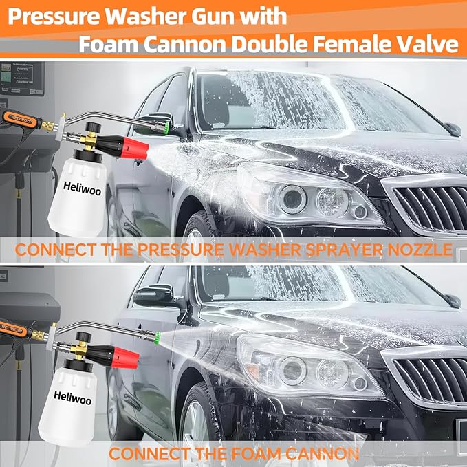 Short Pressure Washer Gun with Foam Cannon 5000 PSI, 1/4 Inch Quick Connector, with 5 Pressure Washer Nozzle Tips, 1 Liter Dual Connector