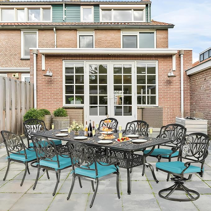 9-Piece Patio Cast Aluminum Dining Set, Outdoor Dining Furniture Set for 8, Includes 94.5" Rectangular Dining Table, 6 Stationary, 2 Swivel Dining Chairs with Umbrella Hole, Ocean Blue