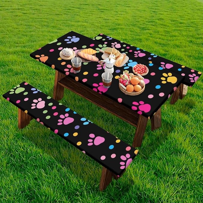 Dog Paw Picnic Table Cover with Bench Covers Waterproof and Breathable Table Covers for 8 Foot Tables 3 Pcs Picnic Table Bench Covers Camping Essentials for Camper, 94x30 Inches