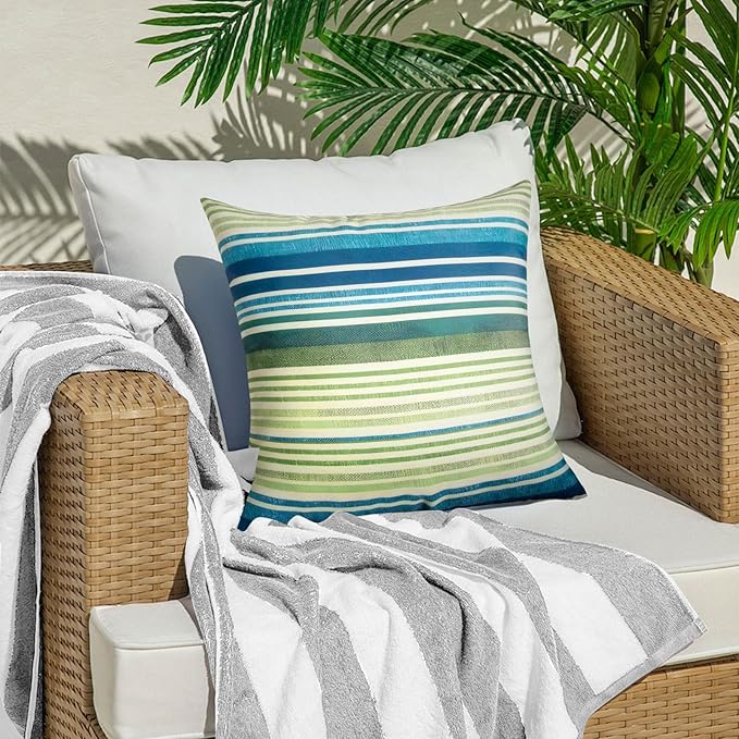 Pack of 2 18x18 Outdoor Pillows, Waterproof Throw Pillows with Inserts, Decorative Patio Pillows for Garden, Couch, Furniture, Sofa, Bed, Living Room(Stripe Blue Green)