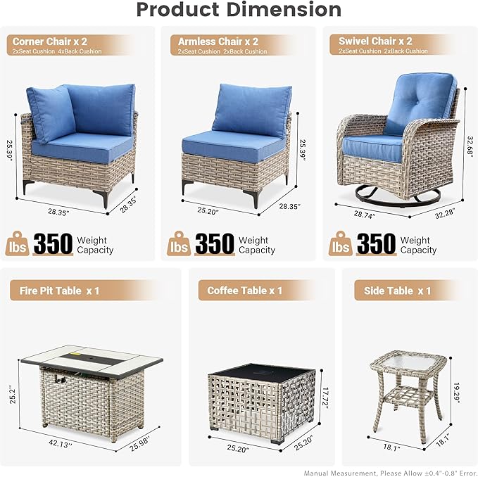 Outdoor Patio Furniture Sets,9 PCS Patio Conversation Set Outside Rattan Sectional Sofa with 42 in Square Fire Pit Table Wicker Rocking Chair Coffee Table Fit Backyard Garden Poolside Balcony