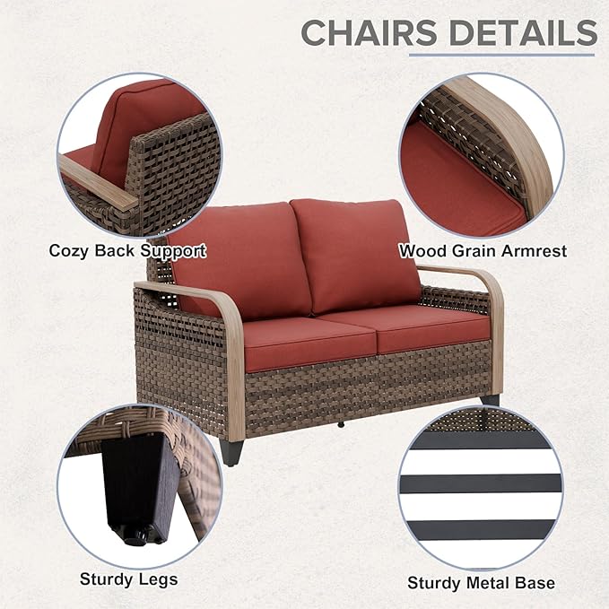 COOS BAY Modern Wicker Outdoor Furniture Set, 8 Piece Patio Conversation Set with 2 Swivel Rockers, 2 Patio Chairs, a 3 Seat Couch, a Loveseat, Coffee Table and Side Table, 8 Piece, Brown/Red