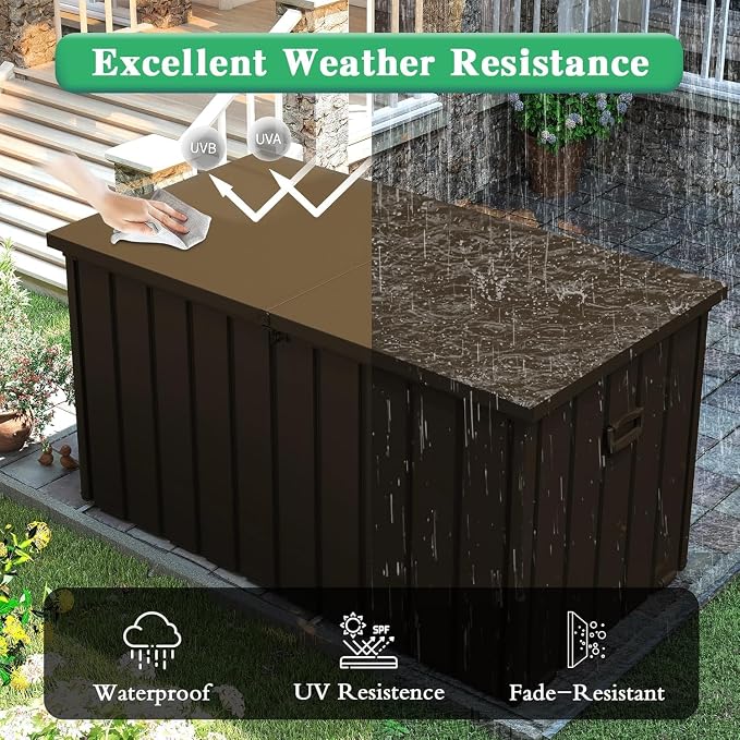 200 Gallon Outdoor Storage Deck Box, Durable Steel Storage Deck Box with Lockable Lids, Large Patio Storage Bin for Indoor Outdoor Use, Throw Pillows & Garden Tools, Dark Brown