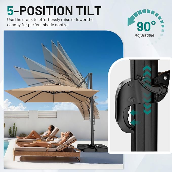 AreShark 10 X 10 FT Cantilever Patio Umbrella, 360-Degree Rotation Square Hanging Offset Umbrella with Crank, Heavy Duty Patio Umbrella for Patio, Pool, Garden, Deck, Beige