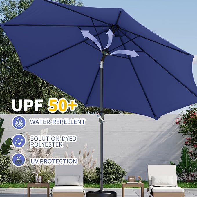 Kingdura 9FT Outdoor Patio Umbrella, Market Table Umbrella with Push Button Tilt & Crank, 8 Sturdy Ribs, UV Protection for Garden Lawn Deck Backyard Pool (Navy blue)