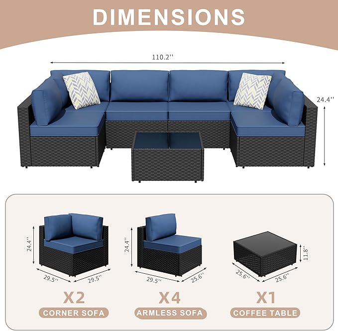 7-Piece Outdoor Patio Furniture Set, Modular PE Rattan Sectional Sofa with Thick Cushions & Glass Coffee Table, Weather-Resistant Wicker Conversation Set for Poolside, Balcony, Garden, Aegean Blue
