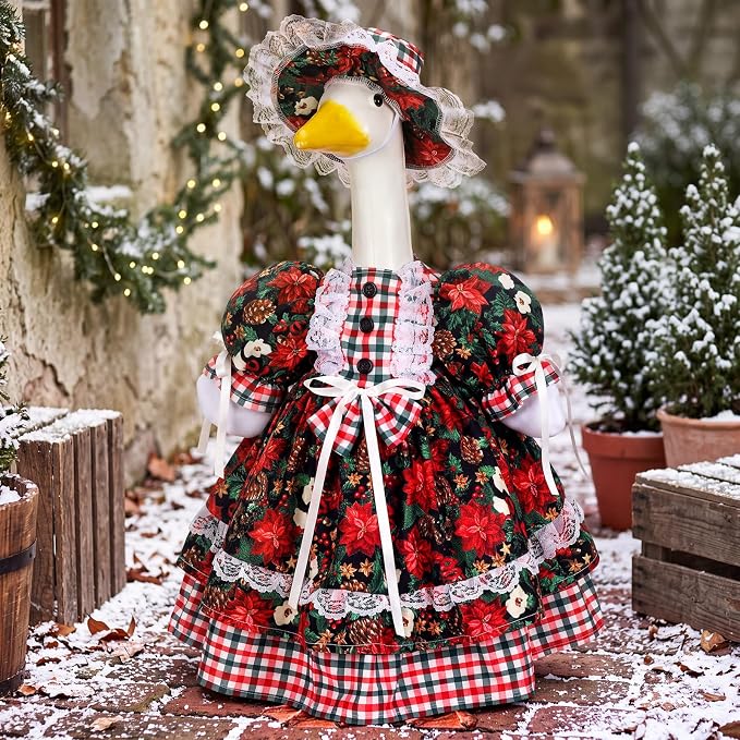 Suzile Christmas Tree Porch Goose Outfit Clothes for 23" High Cement or Plastic Goose Costume for Yard Lawn Outdoor Garden Patio Geese Statue Dresses Winter Xmas Santa Holiday Decor