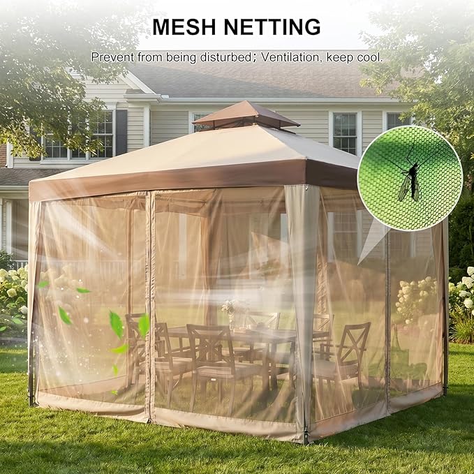 10x10 Gazebo with Netting, Canopy Tent Sun Shade Shelter for Outdoor Patio Backyard (Beige)