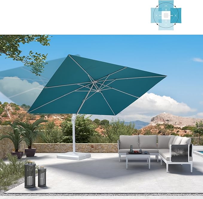 PURPLE LEAF 9' × 11.5' Patio Umbrella With Base White Cantilever Umbrella Square Outdoor Offset Windproof with 360° Rotation for Garden Deck Pool, Turquoise