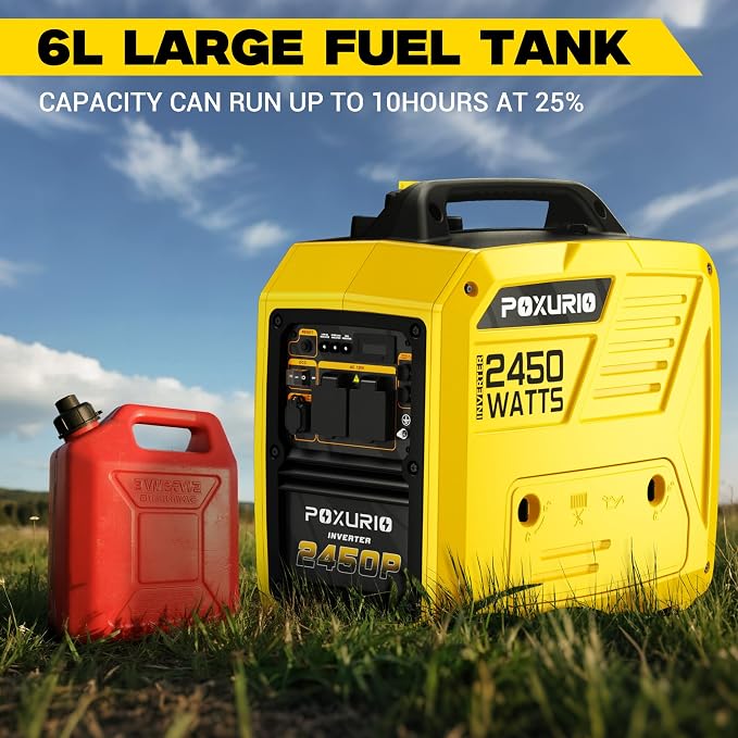 2450-Watt Inverter Generator for Home Use, 1.6Gallon Large Fuel Tank Up to 8.3 Hours Use, 120V Gas Powered Generator Super Quiet, Yellow