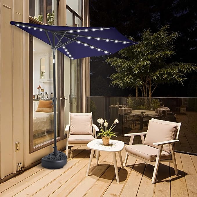 FLAME&SHADE 9 FT Solar Half Patio Umbrella with 25 LED Lights, Half Outdoor Umbrella with Button Tilt, Half Round Table Umbrella For Deck, Backyard, Balconies, Decks, Rvs, UV Protection (Navy Blue)