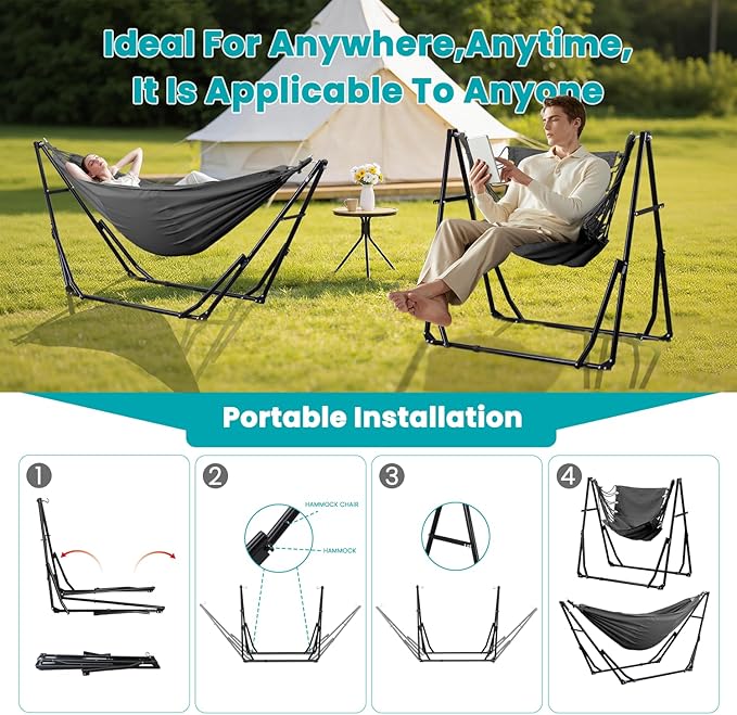 Hammock with Portable Steel Stand and Carrying Bag for Outside,Easy Set Up for Outdoor,Indoor,Backyard,Patio,Camping,Garden,Trip (Grey)