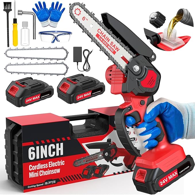 6 Inch Mini Chainsaw Cordless, 24V Battery Powered Handheld Chainsaw | 2×2000mAh Batteries, Auto Oiler, Lightweight, Electric Chainsaw for Tree Trimming, Wood Cutting, Gardening-Red