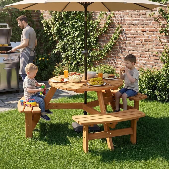 VINGLI Wood Picnic Table Outdoor Round Picnic Table with Umbrella Hole and 3 Built-in Benches, Outdoor Dining Tables and Chairs 300 LBS Bench Capacity (Natural, Round)