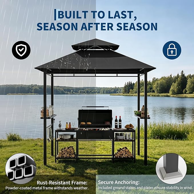 Garvee 8' x 5' Outdoor BBQ Grill Gazebo, Double-Tiered Vented Patio Canopy Tent with 2 Side Shelves for Cooking and Outdoor Entertaining