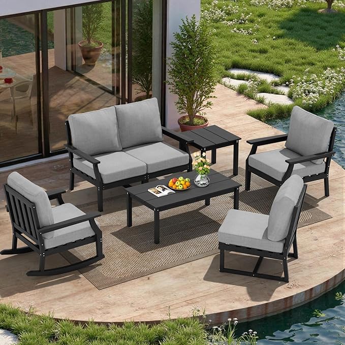 HDPE Patio Conversation Set, 7-Piece All Weather Outdoor Furniture Set with 1 Single Rocking Armchairs for Deck, Lawn, with Cushion, Black