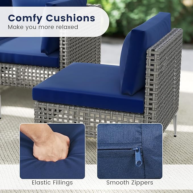 Tangkula 5 Piece Outdoor Furniture Set, Patio Wicker Heavy Duty Sectional Cushioned Sofa Set with Tempered Glass Coffee Table for Backyard, Poolside, Porch, Lawn