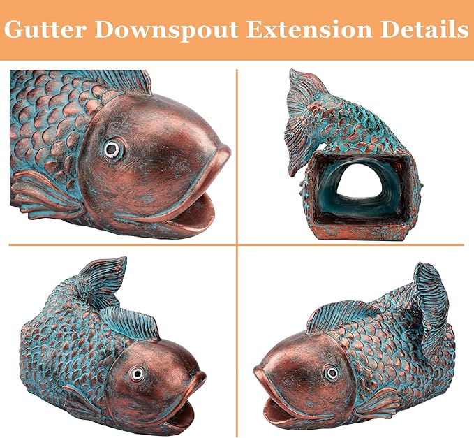 Teaeeno Fish Gutter Downspout Extension Decoration, 3''x4'' Downspout Extender Diverter Splash Block Sculpture Outdoor Decor, Animal Resin Statue Ornaments, for Garden, Lawn, Yard (Blue)