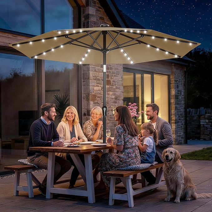 AreShark 9FT Patio Umbrella with Solar Lights, 32 Lighted Pool Umbrella w/Tilt and Crank, Outdoor Market Solar Umbrellas for Garden, Deck, Backyard, Pool and Beach, Khaki