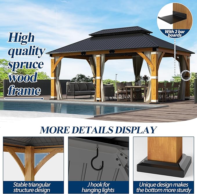 COVERONICS 12FT x 20FT Outdoor Spruce Wood Gazebo - Patio Wooden Frame Gazebo with Galvanized Steel Double Roof, Heavy-Duty Hardtop Gazebos with Netting & Curtains for Garden, Poolside, Deck, Backyard