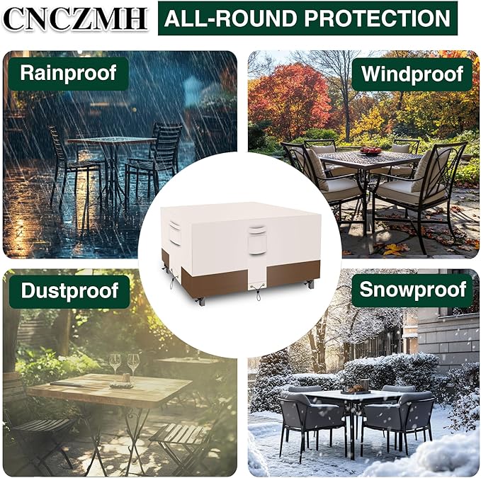 Square Heavy Duty Patio Table Covers Waterproof, 600D Outdoor Dining Table and Chair Set Covers, Outdoor Furniture Cover Waterproof for Sectional Sofa Couch 106''L x 106''W x 32''H, Beige Brown