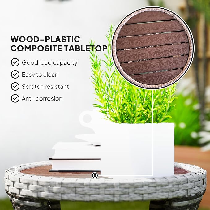 Outsunny 18" Outdoor Wicker Coffee Table, 2-Tier Patio Side Table with Storage, PE Rattan End Table with Composite Wood Top, Steel Frame for Garden Backyard Balcony, Mixed Gray
