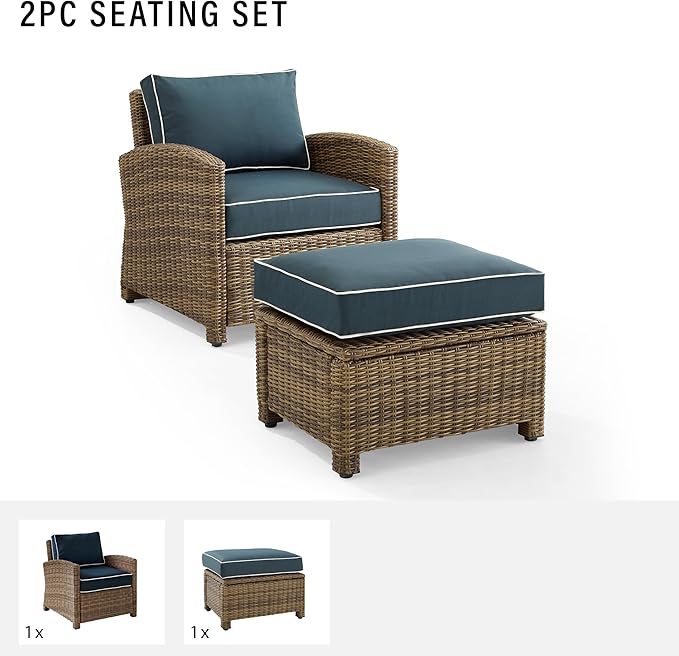 Crosley Furniture Bradenton 2-Piece Outdoor Chair and Ottoman Set, Wicker Patio Conversation Sets for Porch, Brown with Navy Cushions