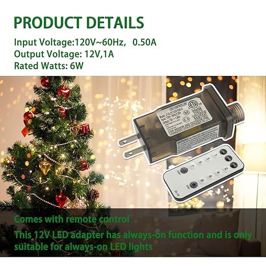 12V 12W 8 Mode LED Controller with Memory Function and IR Remote Control Low Voltage Transformer for Holiday String Lights,not Fit for 8 Mode with Control Box and 1 Mode String Light(1 pcs)