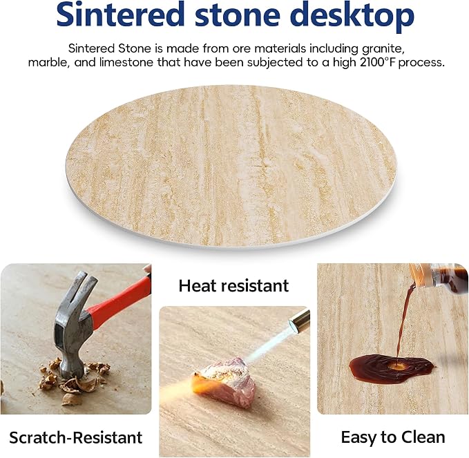 ZL ZELing Round Sintered Stone Table Top 23.6",Replacement Table Top for Indoor&Outdoor-Heat/Scratch Resistant Waterproof Ceramic DIY Desktop,Patio/Balcony/Bistro/Café & Dining Room (Beige)