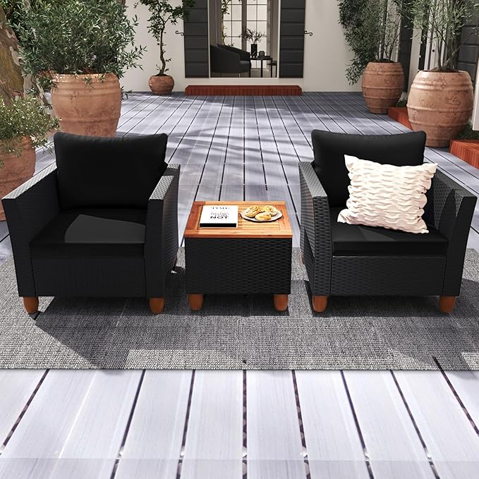 HAPPYGRILL 3 Pieces Patio Conversation Set with Storage Coffee Table, Outdoor PE Rattan Wicker Furniture Set with Cushions, Acacia Wood Patio Furniture Set for Balcony Backyard Porch Garden