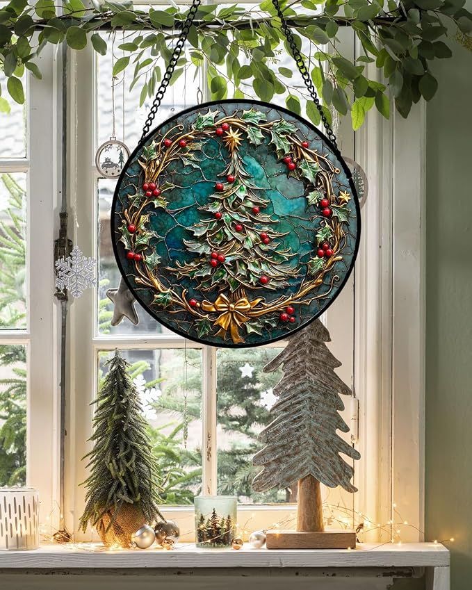 DASTOLL Stained Glass Window Hangings - Red Gold Green Wreath Suncatcher for Door Home Christmas Tree Decoration Sun Catcher Thanksgiving New Year Birthday Gift for Women Men Mom Grandma 6.3 in