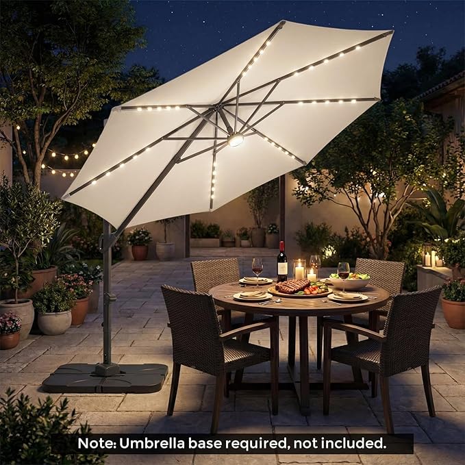 Tangkula 10ft Patio Umbrella with Solar Lights, Offset Cantilever Square Outdoor Umbrella with 35 LED Lights, Aluminum Pole, 360 Degree Rotation, Tilt Adjustment, Air Vent for Pool Deck Yard (Beige)