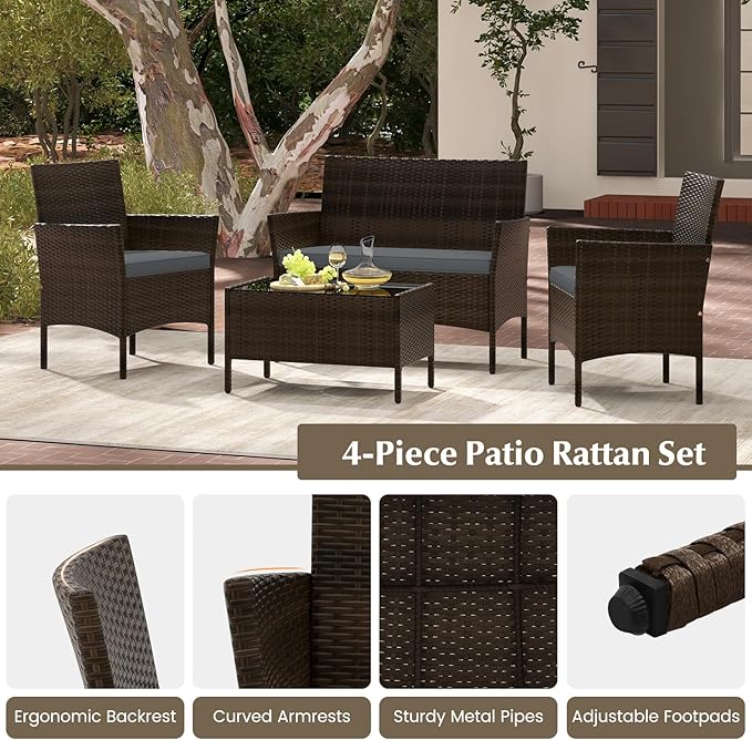 Tangkula 8 Piece Patio Rattan Conversation Set, Outdoor Wicker Furniture Set with Chair, Loveseat & Tempered Glass Table, Cozy Seat Cushions, Outside Sectional Sofa Set for Backyard, Porch (2, Grey)
