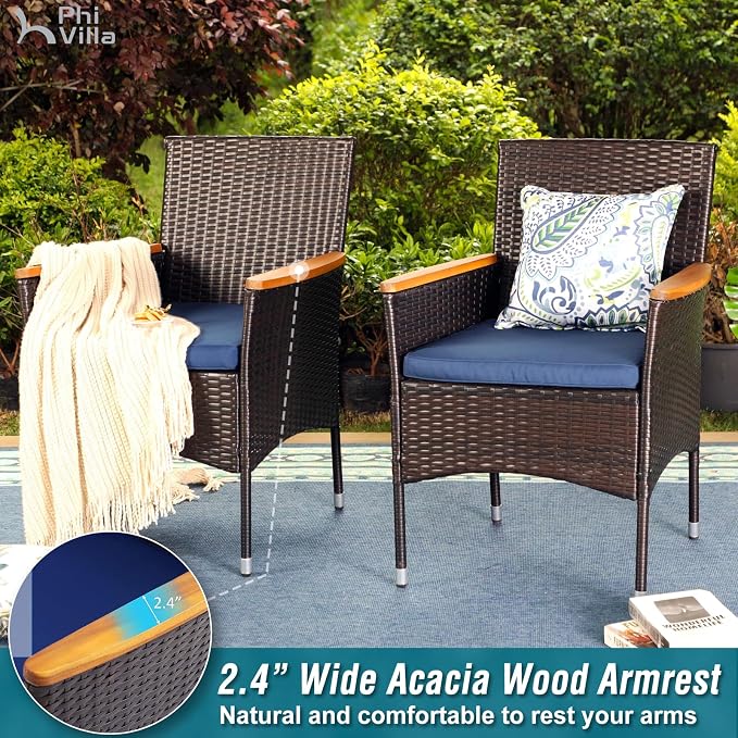 PHI VILLA 5pc Patio Dining Set with Umbrella, Square Table, Rattan Chairs | 37" Metal Table, Cushioned PE Rattan chairs, 10ft Red 3 Tier Auto-tilt Umbrella (Base Not Included)
