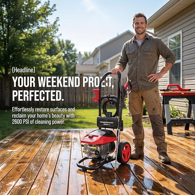 PowerSmart 3000 PSI Max Electric Pressure Washer-1.2 GPM Brushless Motor Power Washer with 5 Nozzles, GFCI Protection, 8” Wheels and Soap Tank, for Car, Patio, Fence, Driveway Cleaning